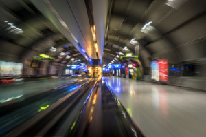 a blurry image of a train station