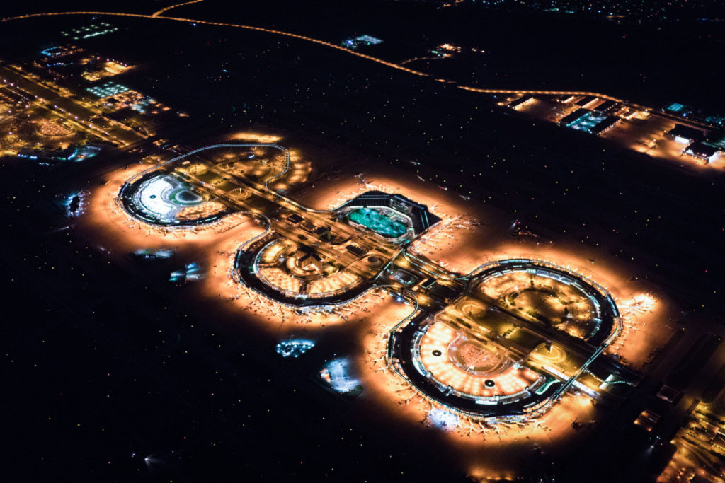 aerial view of a large city at night