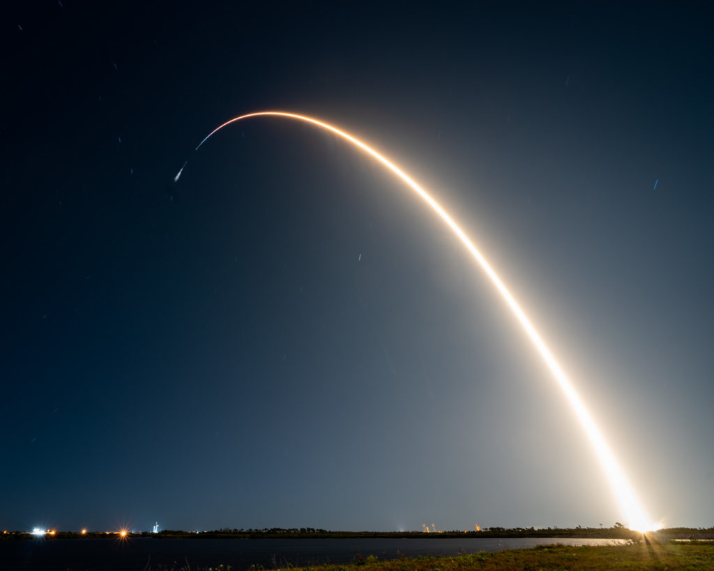 a rocket launch at night
