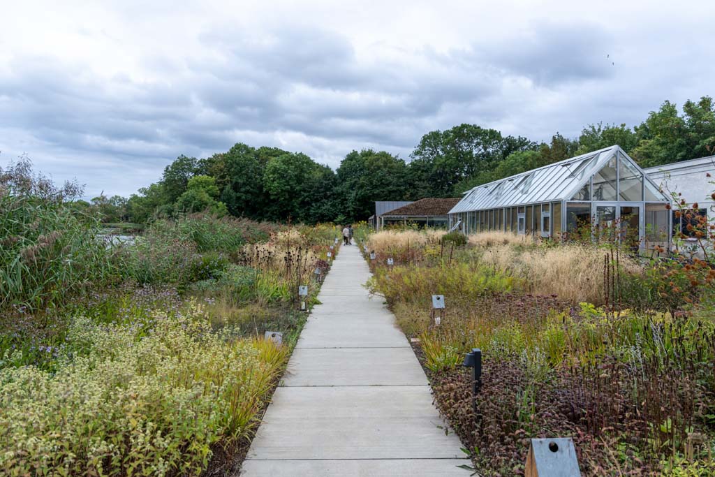 a walkway leading to a greenhouse