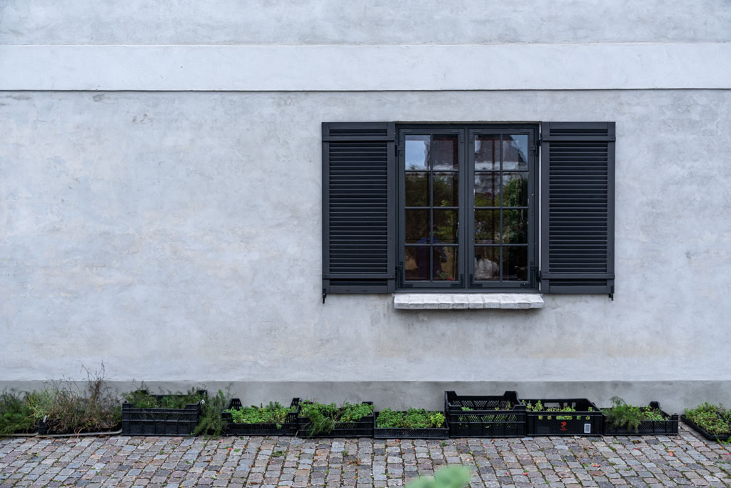 a window with black shutters and plants in pots