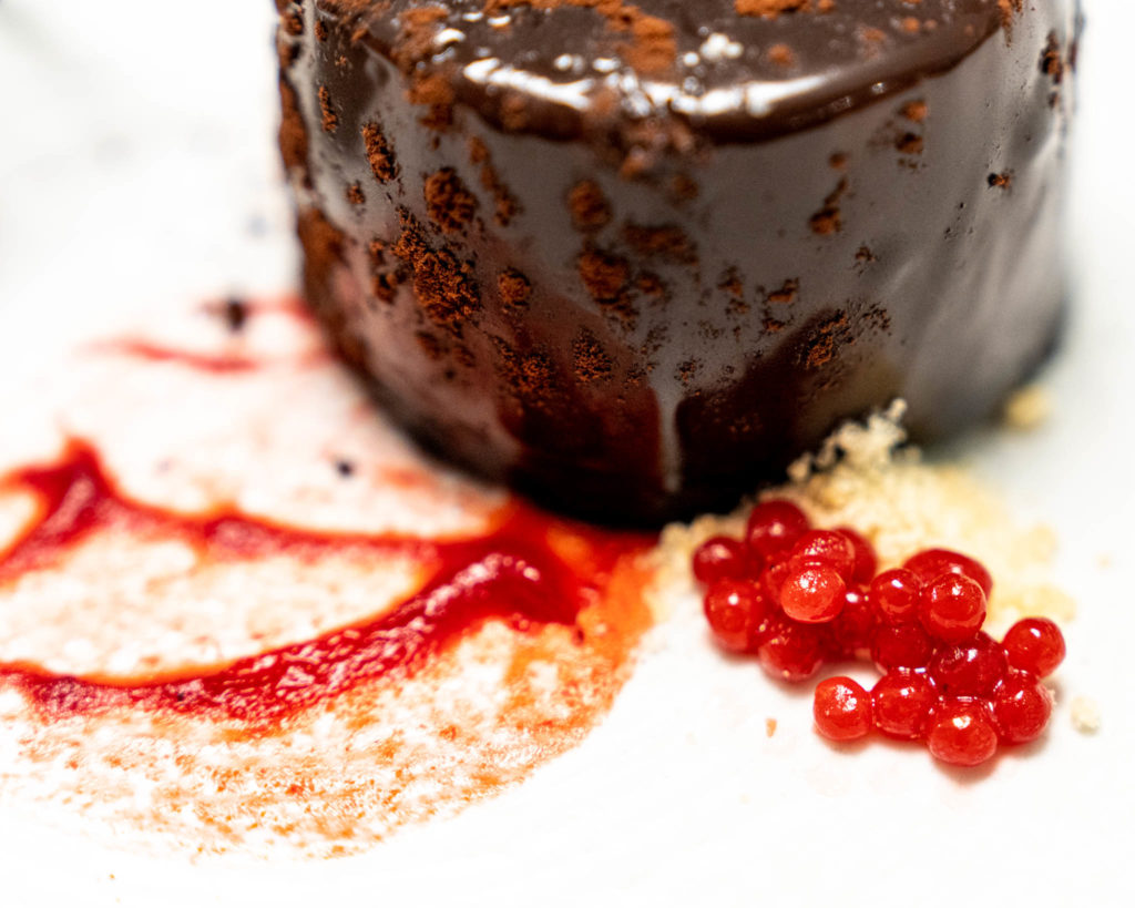 a chocolate cake with red berries and a sprinkle of red sauce