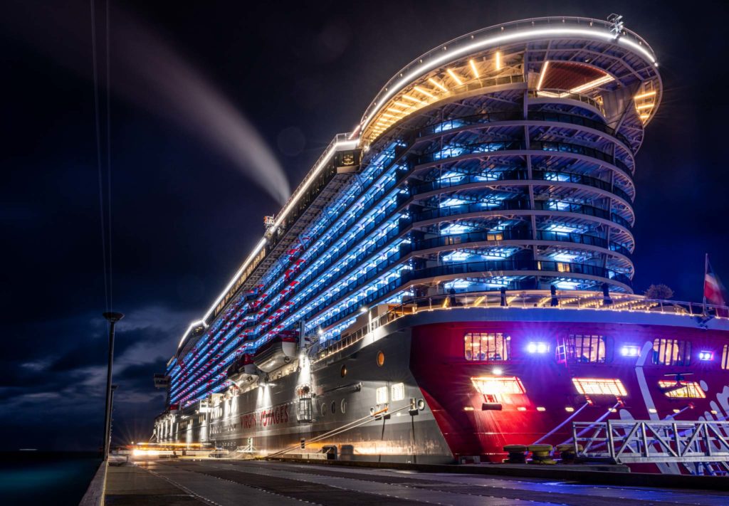 a large cruise ship at night