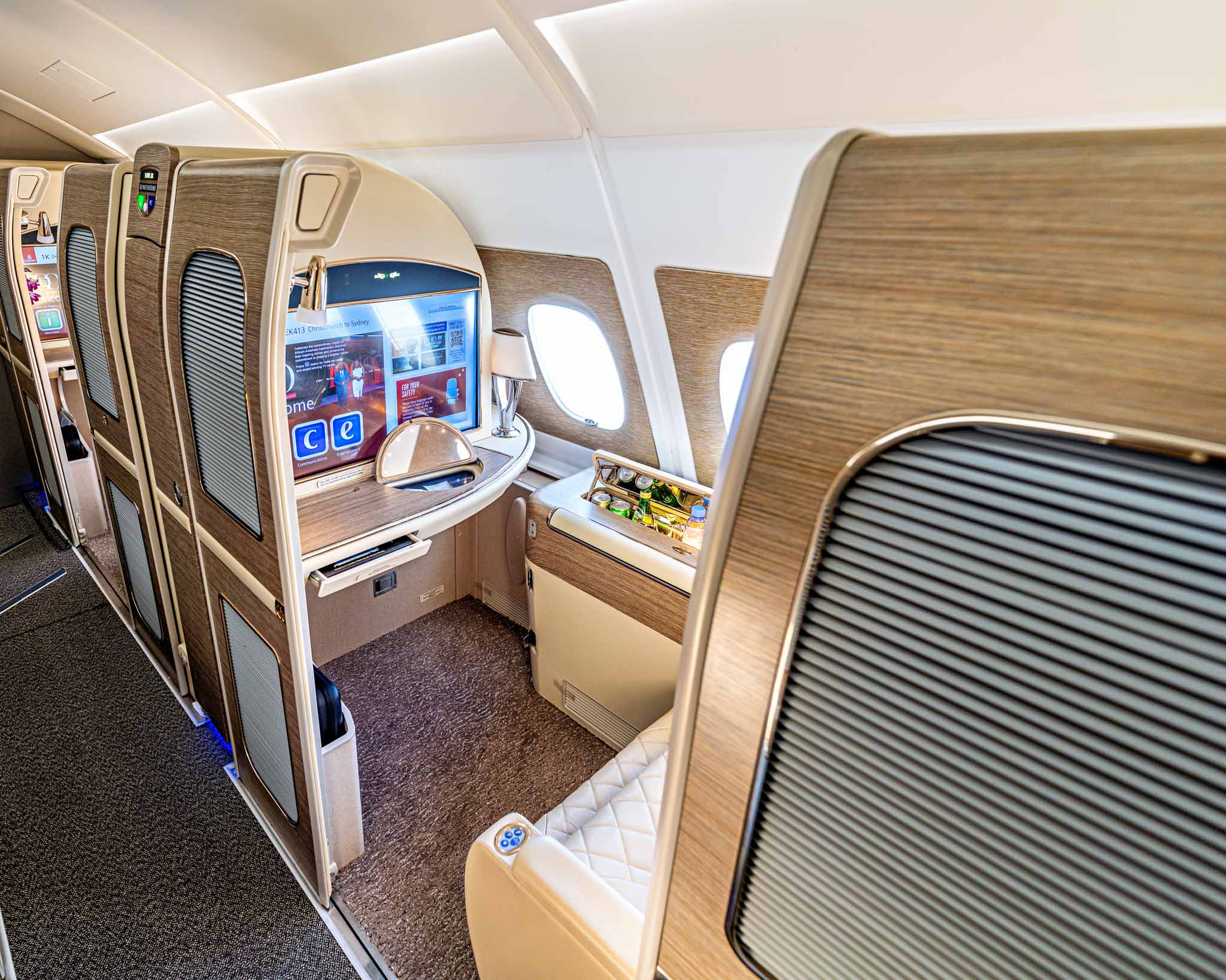 an airplane with a desk and windows