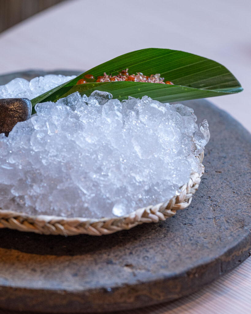 a bowl of ice with a leaf on it