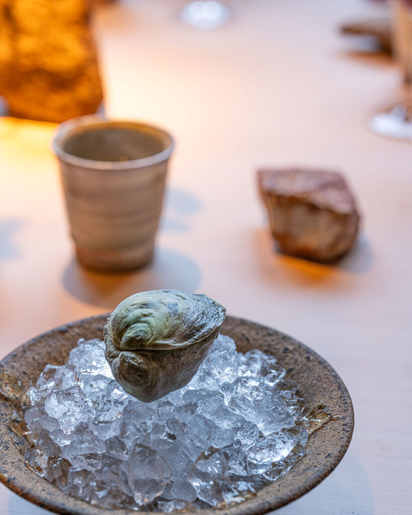 a shell on ice in a bowl