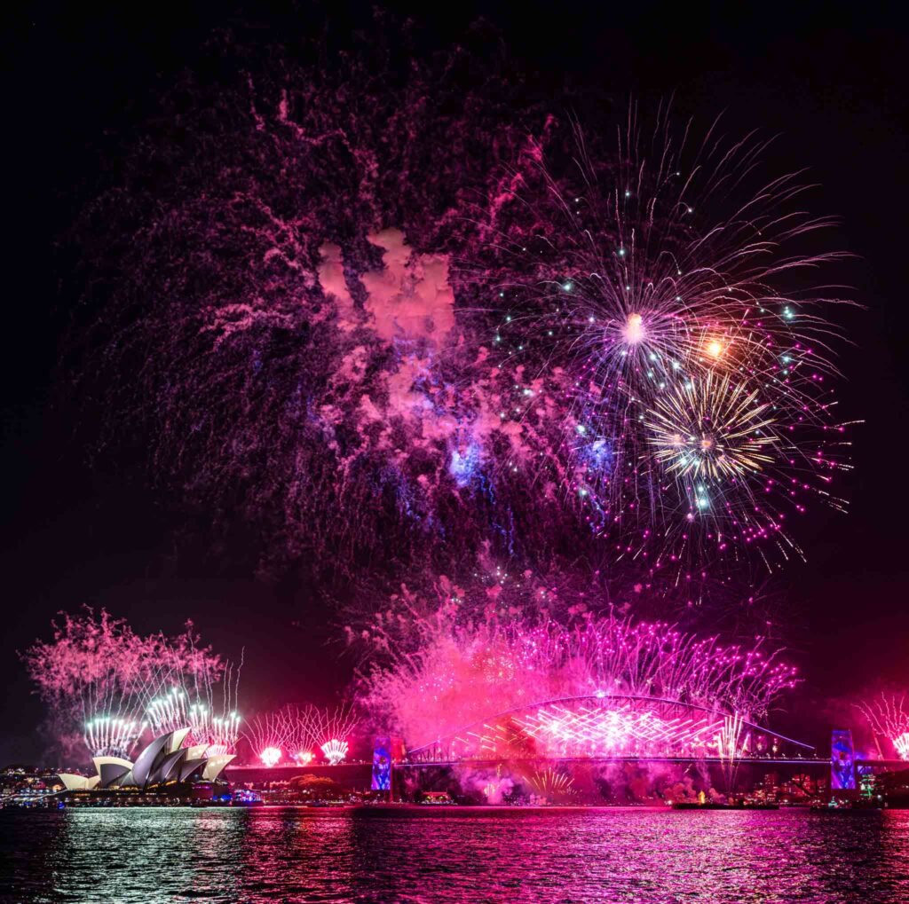 fireworks over a building