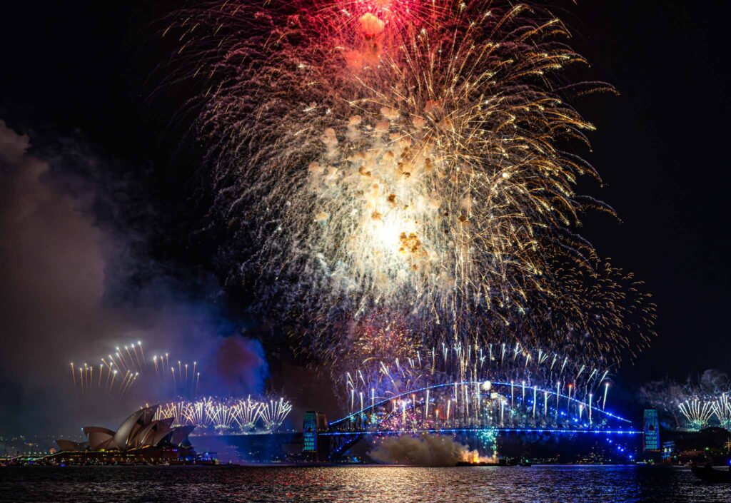 fireworks over a bridge