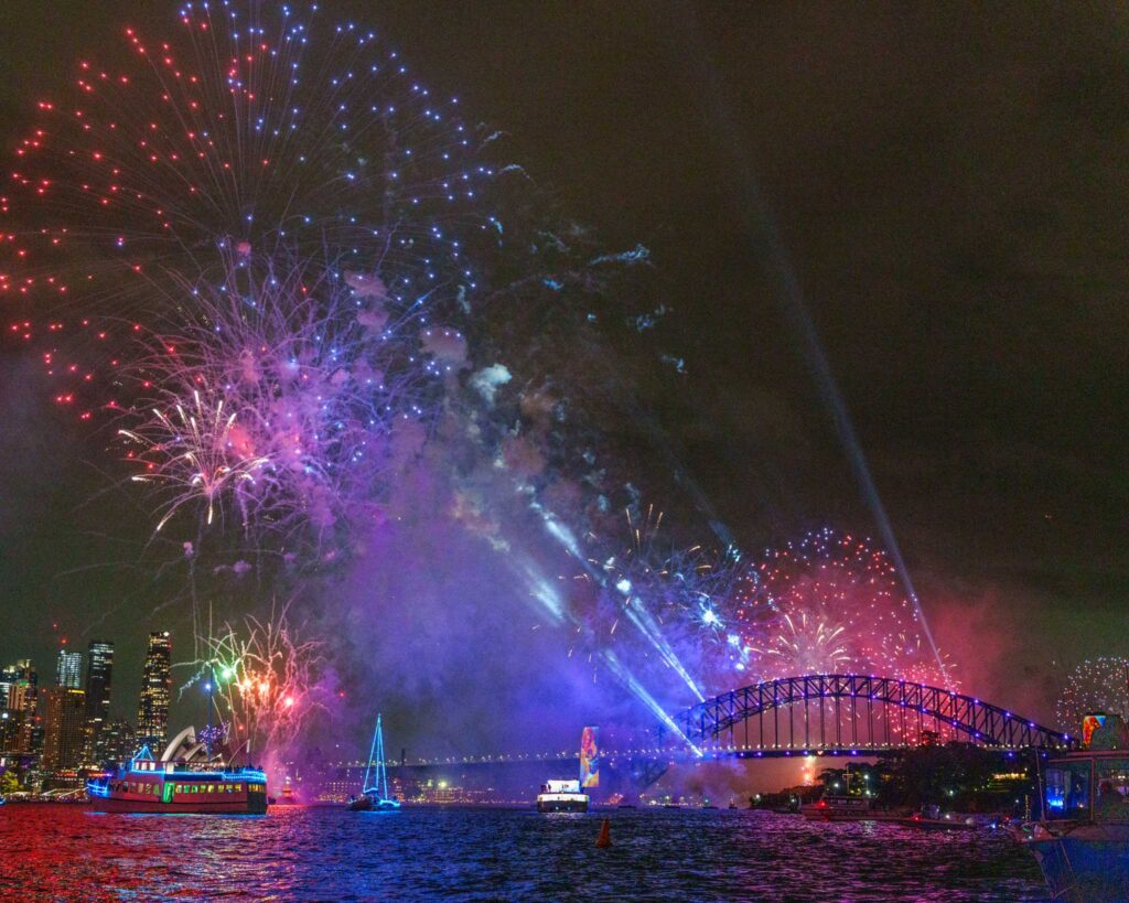fireworks over a bridge