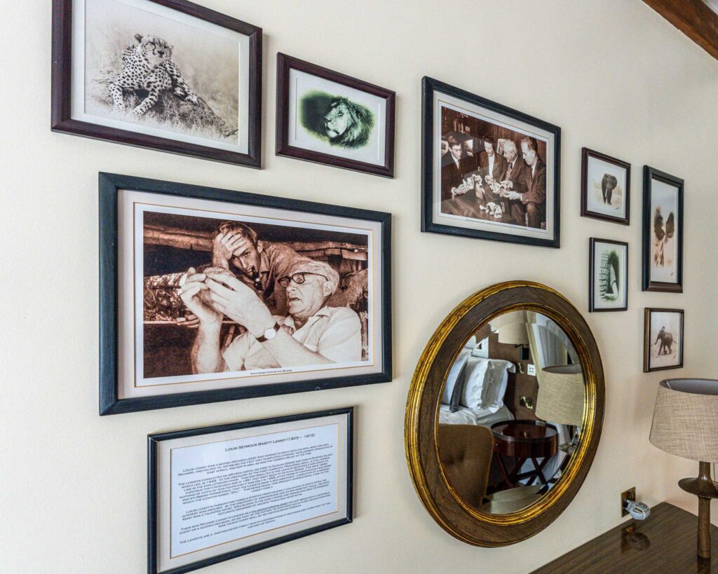 a wall with pictures and a mirror